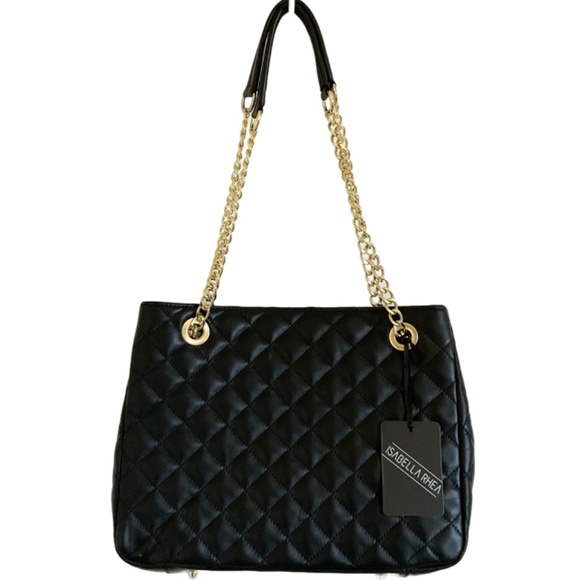 Isabella Rhea black quilted leather handbag purse tote bag with chain straps NWT - Picture 2 of 5